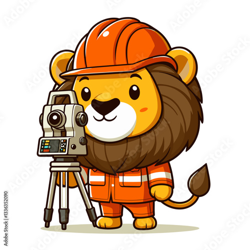 Cartoon lion surveyor with theodolite in orange safety uniform, vector illustration. Perfect for construction companies, land measurement services, engineering firms or infrastructure projects.