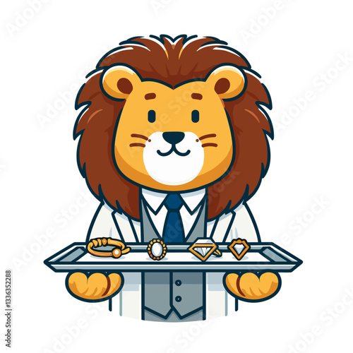 Elegant lion jeweler in formal attire presenting tray of jewelry. Perfect for luxury retail or premium accessories marketing.