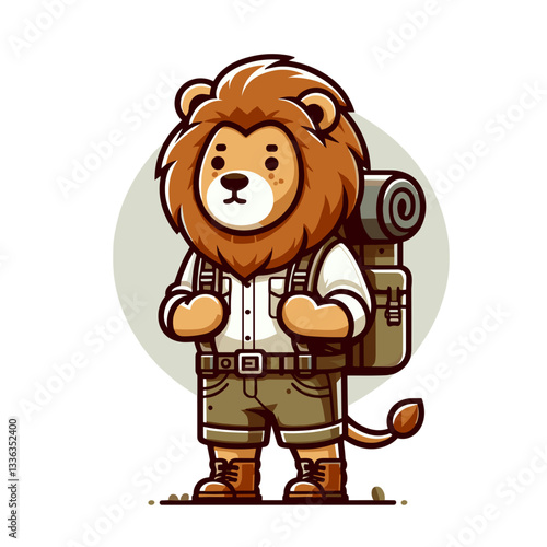 Adventurous lion explorer in safari outfit with backpack. Perfect for outdoor expedition services or wilderness tourism promotion.