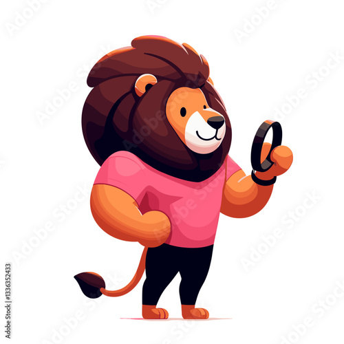 Curious lion investigator in pink shirt examining with magnifying glass. Ideal for detective services or mystery solving content.