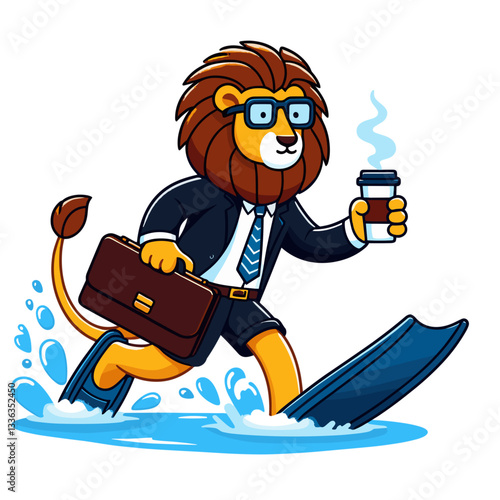 Busy lion businessman with coffee rushing on water skis. Ideal for work-life balance or multitasking professional lifestyle concepts.