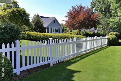 Stylish White Picket Fence Outline Defining the Boundary of a Private Suburban Lawn for Enhanced Protection and Aesthetic Appeal