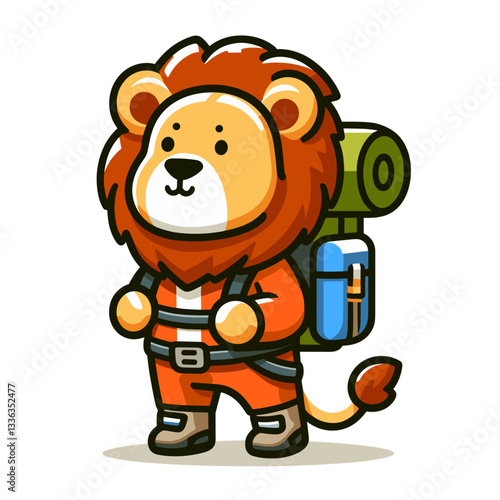 Cute cartoon lion hiker with backpack in orange outfit, vector illustration. Perfect for outdoor adventure blogs, hiking equipment retailers, or nature tourism guides.