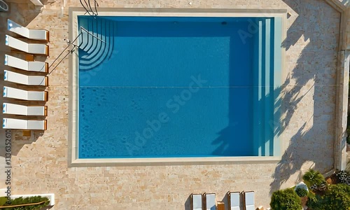 Wallpaper Mural Aerial view of a rectangular pool, sun loungers, and landscaping.  Luxury resort, summer vacation Torontodigital.ca