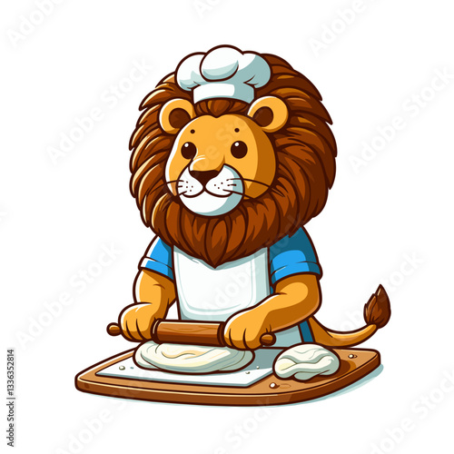 Cartoon baker lion in chef hat rolling dough on wooden board. Perfect for bakery businesses, cooking classes, bread-making tutorials, or pastry preparation demonstrations.
