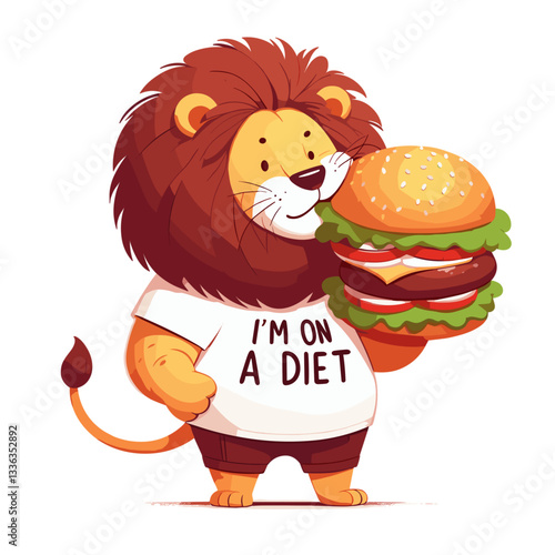 Cartoon diet-conscious lion holding giant burger wearing ironic t-shirt. Perfect for nutrition humor, diet program paradoxes, food temptation concepts, or healthy lifestyle motivation.