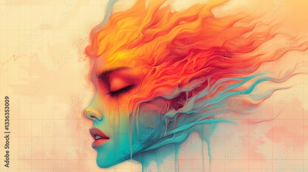 A vibrant artistic portrait featuring a woman's face with flowing, fiery hair and colorful tones, evoking emotions and creativity. A vibrant artistic portrait featuring a woman's face with flowing, fiery hair and colorful tones, evoking emotions and creativity.