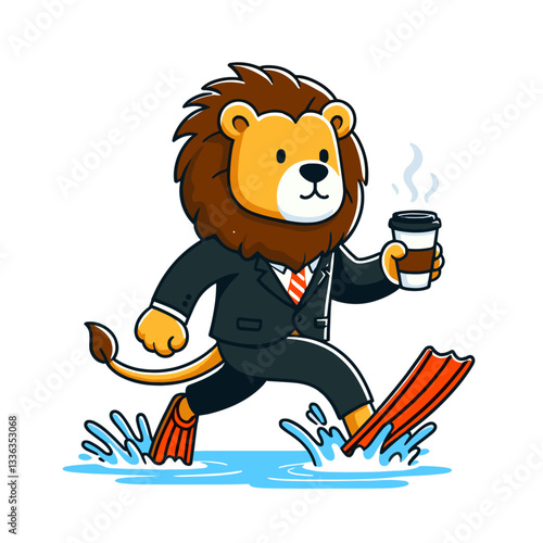 Cartoon businessman lion in suit rushing with coffee and skis, vector illustration. Perfect for work-life balance concepts, busy professional lifestyle, and multitasking themes.