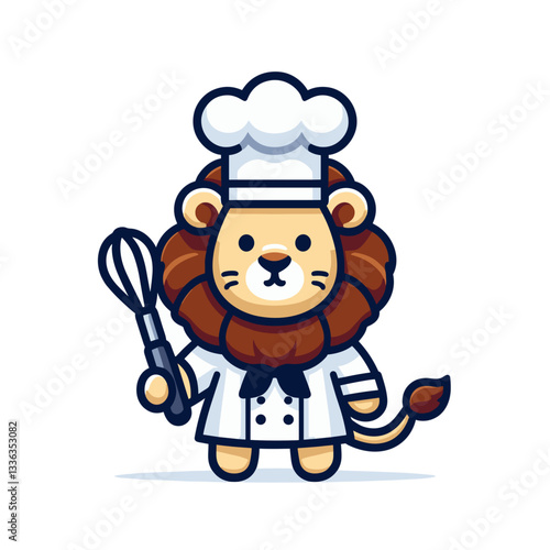 Cartoon chef lion in white uniform with whisk and hat, vector illustration. Perfect for cooking classes, restaurant promotions, and culinary arts education.