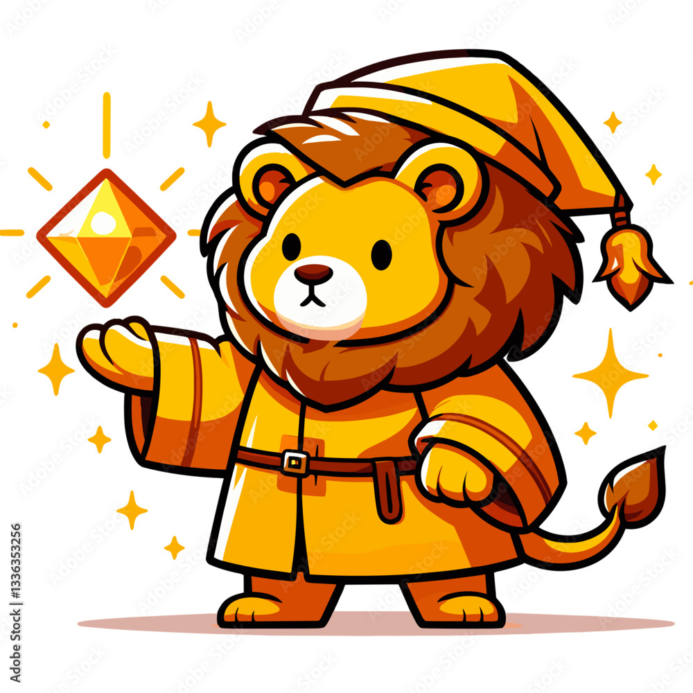 Obraz premium Cartoon lion wizard with magic lantern in yellow robe, vector illustration. Perfect for fantasy games, magical story themes, children's entertainment or mystical adventure concepts.