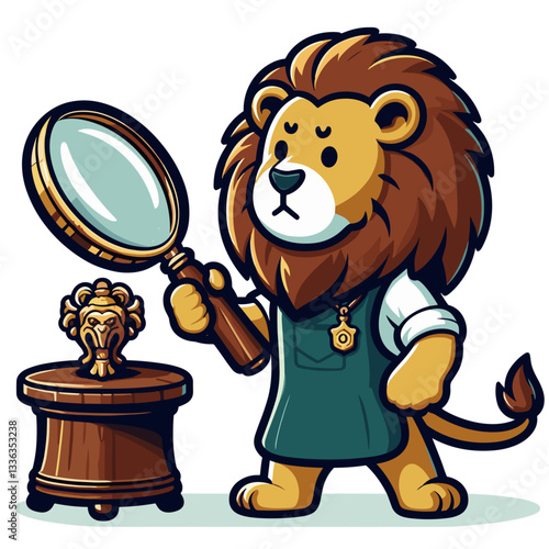 Cartoon lion antique dealer with magnifying glass examining artifact, vector illustration. Perfect for auction houses, collectibles markets, appraisal services or vintage item authentication.