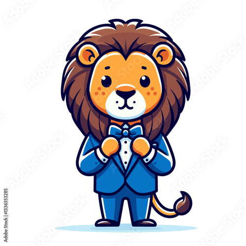 Cartoon lion master of ceremonies in blue suit with bow tie, vector illustration. Perfect for event hosting services, formal celebrations, entertainment management or wedding reception coordination.