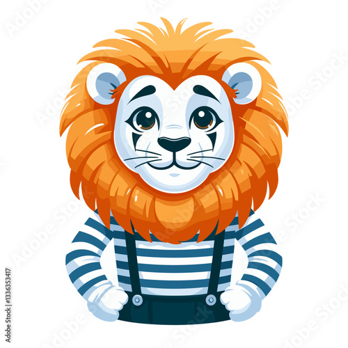 Playful lion mime in striped shirt and suspenders. Perfect for circus performances or children's entertainment services.