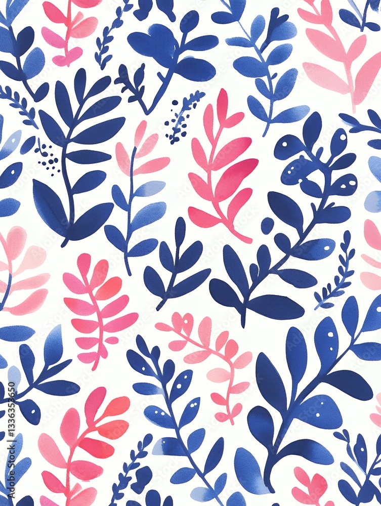 Watercolor style pattern showcasing blue and pink foliage on a white background design Watercolor style pattern showcasing blue and pink foliage on a white background design