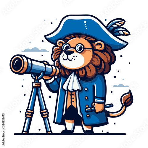 Cute cartoon lion explorer with telescope in naval uniform, vector illustration. Perfect for maritime museums, naval history education, or nautical adventure themes.
