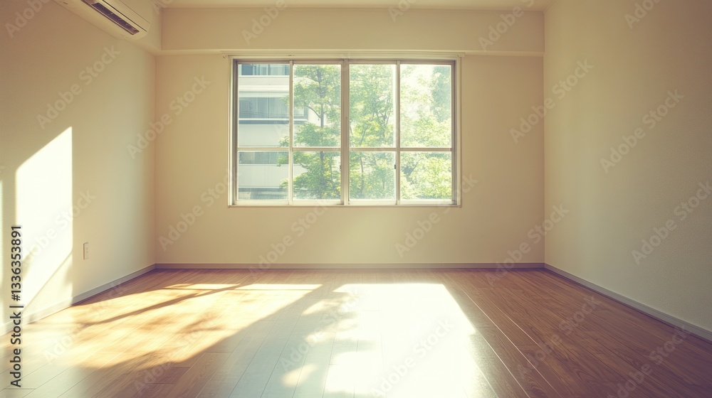 Obraz premium An empty room with sunlight shining through a large window