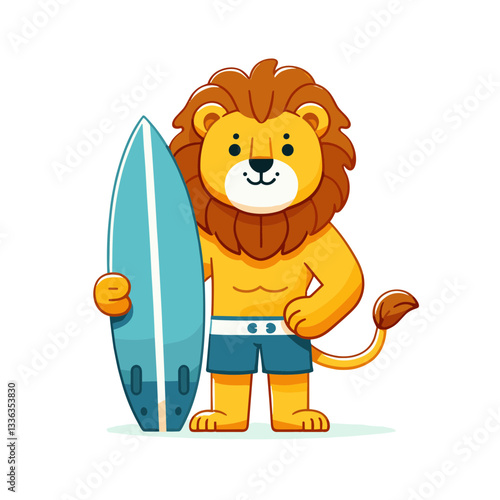 Cute cartoon lion surfer with surfboard in summer beach outfit, vector illustration. Perfect for surf shops, beach resorts, or summer vacation promotional materials.