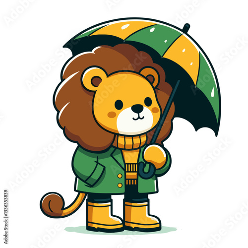 Cute cartoon lion in rain gear with umbrella, vector illustration. Perfect for weather protection products, rainy day activities, or children's rainwear collections.