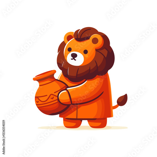 Cartoon potter lion in orange outfit holding clay vase. Perfect for pottery studios, ceramic workshops, artisan crafts, or traditional art classes.