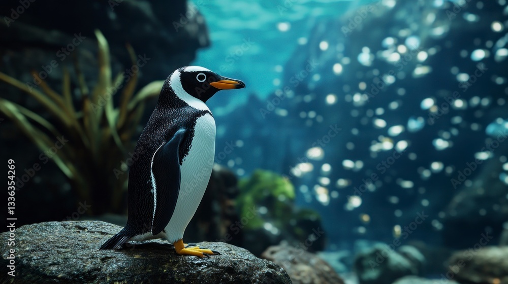 Naklejka premium Standing Penguin in Aquarium with Fish Bubbles and Underwater Plants