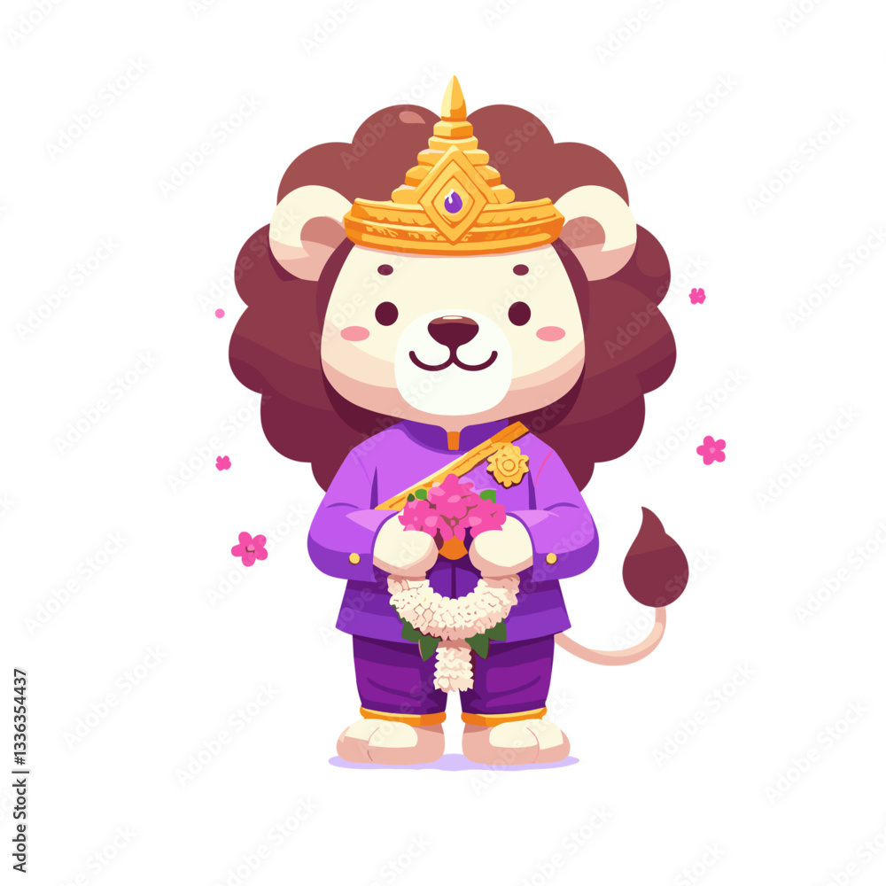 Cartoon lion princess with magic wand in purple royal outfit, vector illustration. Perfect for fairy tales, children's entertainment, fantasy stories or magical themed party decorations. Cartoon lion princess with magic wand in purple royal outfit, vector illustration. Perfect for fairy tales, children's entertainment, fantasy stories or magical themed party decorations.