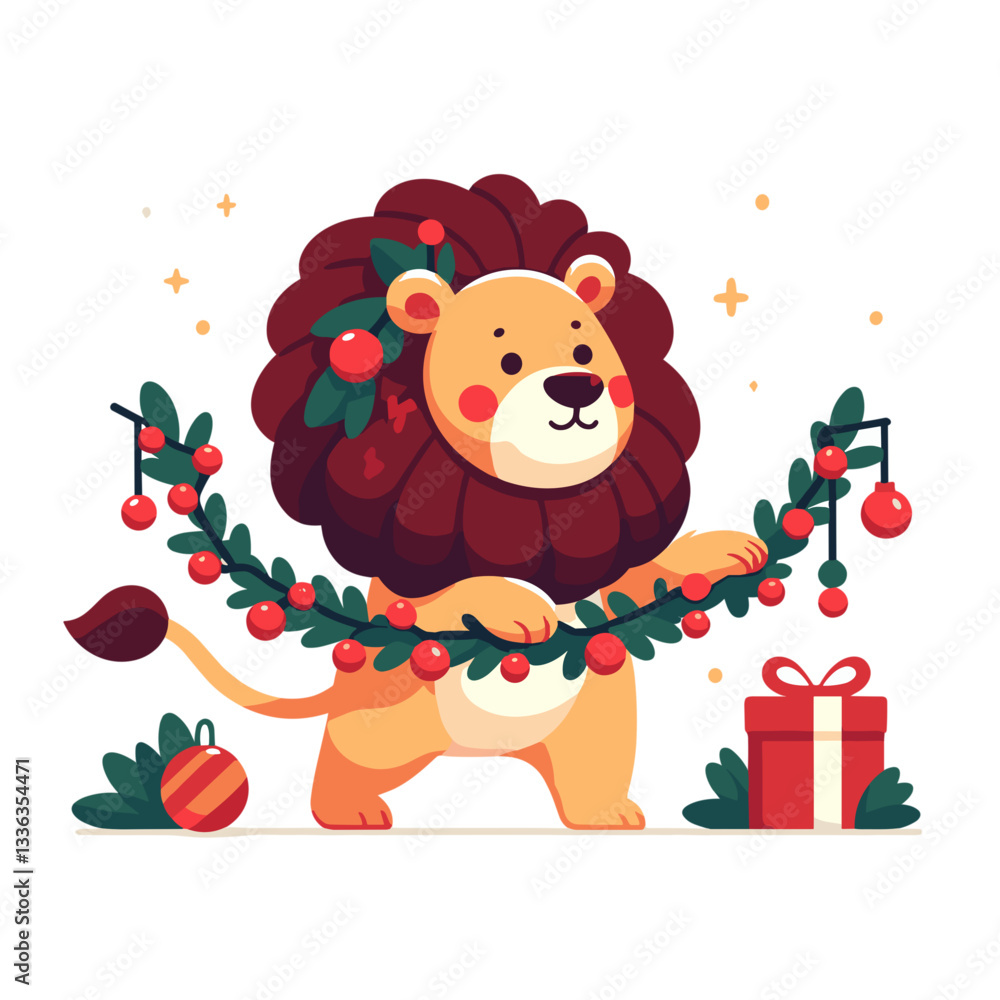 Fototapeta premium Cartoon lion with Christmas decorations and gift, vector illustration. Perfect for holiday greeting cards, winter celebrations, seasonal promotions or festive event marketing.