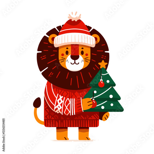 Cartoon lion in Christmas sweater with small tree, vector illustration. Perfect for holiday season promotions, winter celebrations, festive merchandise or seasonal greeting cards.