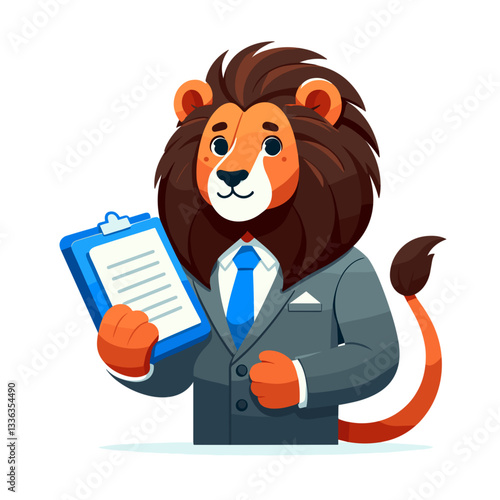 Cartoon lion business manager with clipboard in gray suit, vector illustration. Perfect for management training, corporate services, office productivity or professional development programs.
