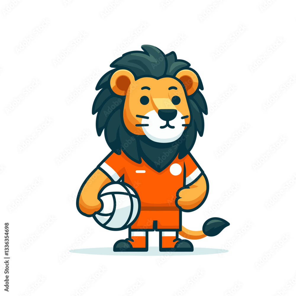 Fototapeta premium Athletic lion soccer player in orange uniform holding ball. Perfect for sports team mascots or youth football program branding.