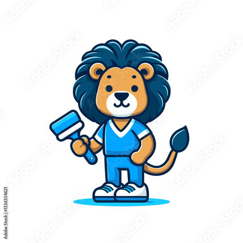 Cartoon lion dental hygienist with toothbrush in blue uniform, vector illustration. Perfect for pediatric dentistry, oral health education, dental care services or hygiene promotion.