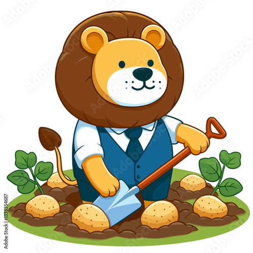 Diligent lion gardener in blue vest planting potatoes with shovel. Perfect for gardening services or agricultural tutorial content.