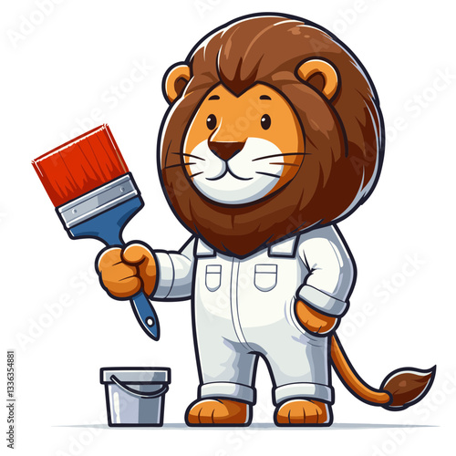 Cute cartoon lion painter with brush and paint bucket in white overalls, vector illustration. Perfect for home decoration services, painting contractors, or DIY renovation blogs.