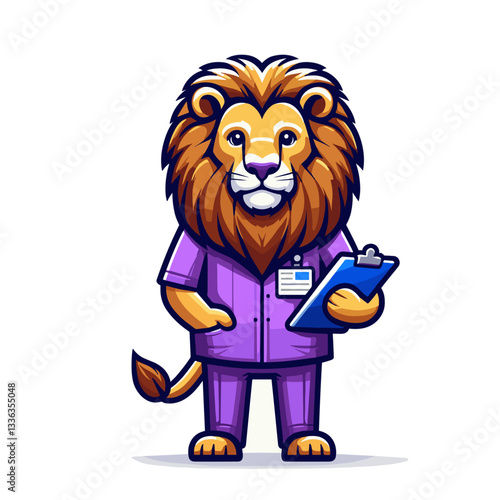 Cartoon medical professional lion in purple scrubs with clipboard. Perfect for healthcare facilities, pediatric services, nursing education, or patient care information.