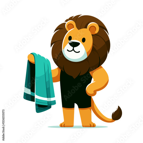Cartoon swimmer lion in black swimsuit holding green towel. Perfect for swimming lessons, pool facilities, aquatic fitness programs, or water sports activities.
