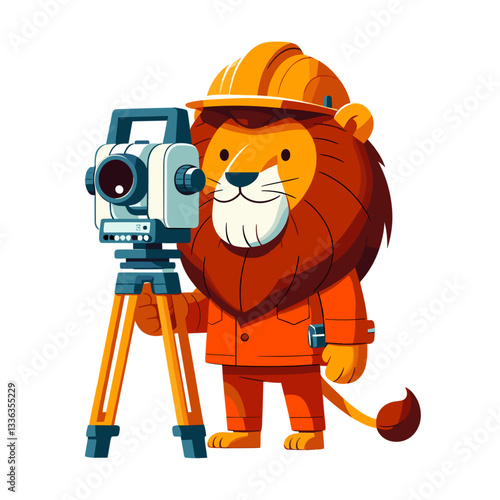 Cartoon land surveyor lion in orange uniform with theodolite on tripod. Perfect for construction planning services, property boundary determination, or civil engineering companies.