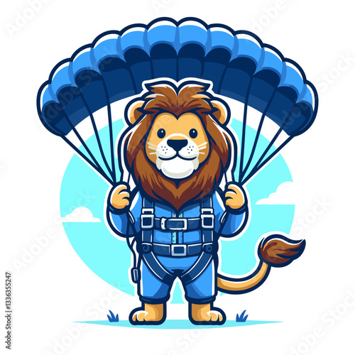 Cartoon skydiver lion with blue parachute in mid-air against sky background. Perfect for extreme sports clubs, adventure tour operators, parachuting schools, or adrenaline activities.