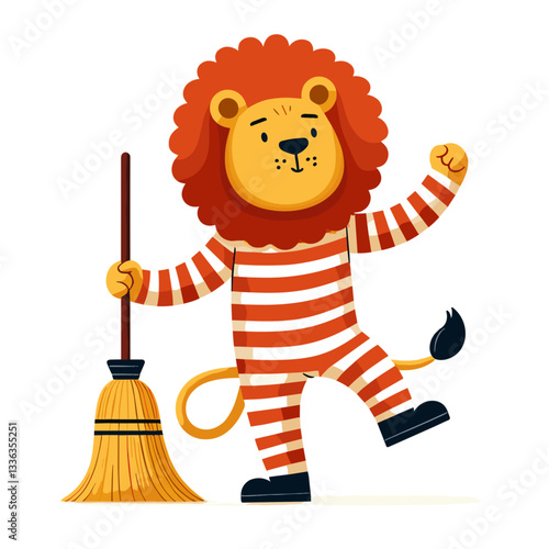Cartoon janitor lion in striped outfit holding broom. Perfect for cleaning services, maintenance companies, facility management, or housekeeping business branding.