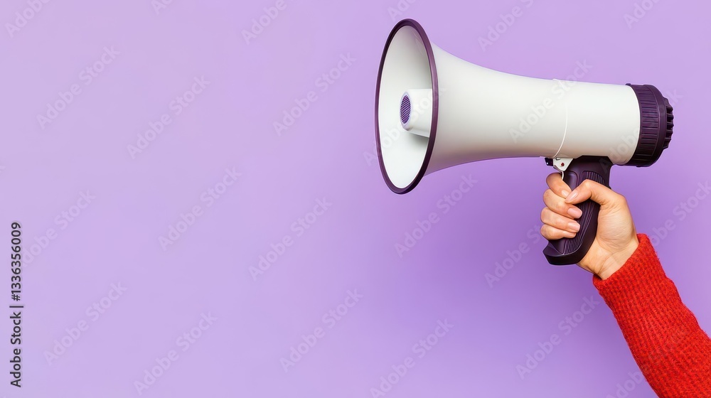 A person holds a megaphone on a purple background, ready to amplify their voice