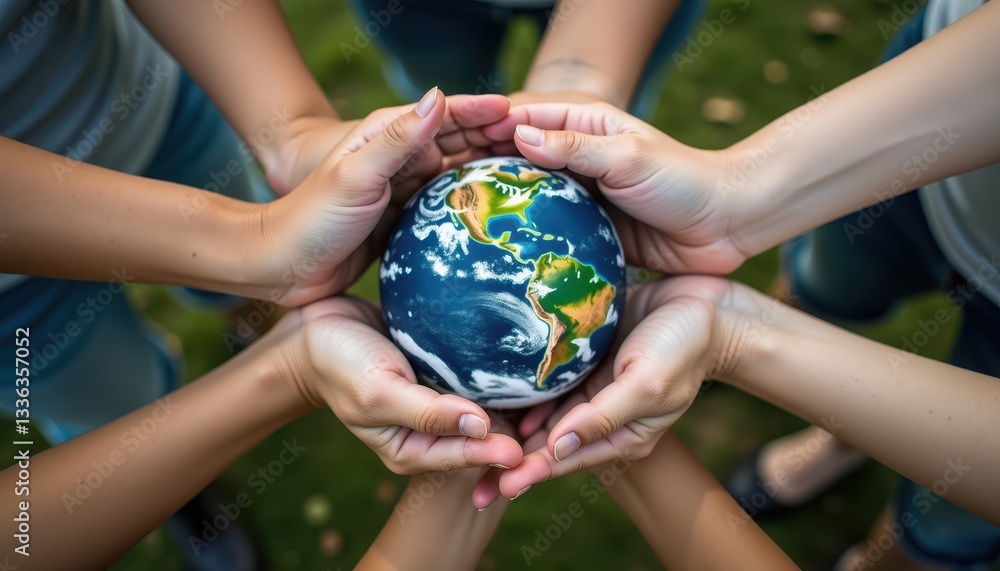 Multiple hands cradle a small globe, emphasizing unity, care, and the collective responsibility to protect Earth. This scene highlights the spirit of cooperation on World Environment Day Multiple hands cradle a small globe, emphasizing unity, care, and the collective responsibility to protect Earth. This scene highlights the spirit of cooperation on World Environment Day