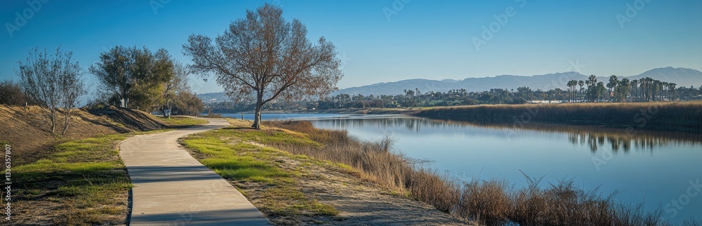 Fototapeta premium Serene riverside path with tranquil water and clear blue sky.