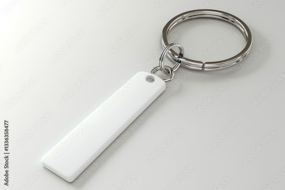 White keychain featuring a silver ring, clean and modern mockup. White keychain featuring a silver ring, clean and modern mockup.