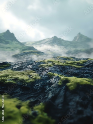 A Serene Mossy Landscape Basking in Misty Mountains of excellence in splendor beyond compare photo