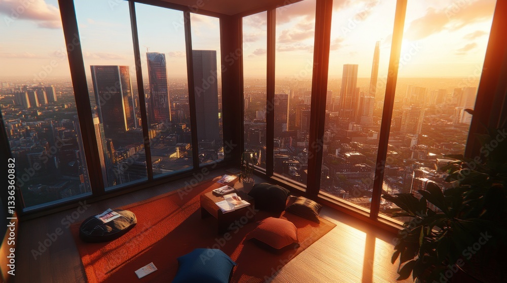 Fototapeta premium A modern living space overlooking a vibrant city skyline scene
