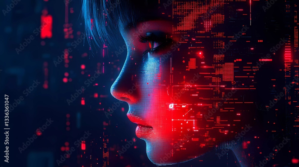 A glowing cybernetic woman with a mechanical face and synthetic skin, embodying the next stage of evolution in a digital book illustration style. A glowing cybernetic woman with a mechanical face and synthetic skin, embodying the next stage of evolution in a digital book illustration style.