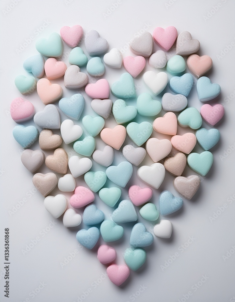 An assortment of pastel candy hearts arranged neatly on a pure white background. An assortment of pastel candy hearts arranged neatly on a pure white background.