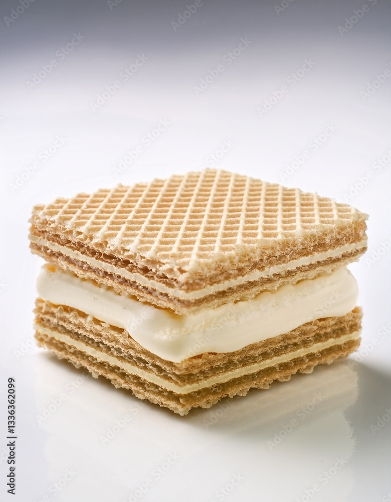 A high-quality wafer biscuit layered with cream on a pure white background. A high-quality wafer biscuit layered with cream on a pure white background.