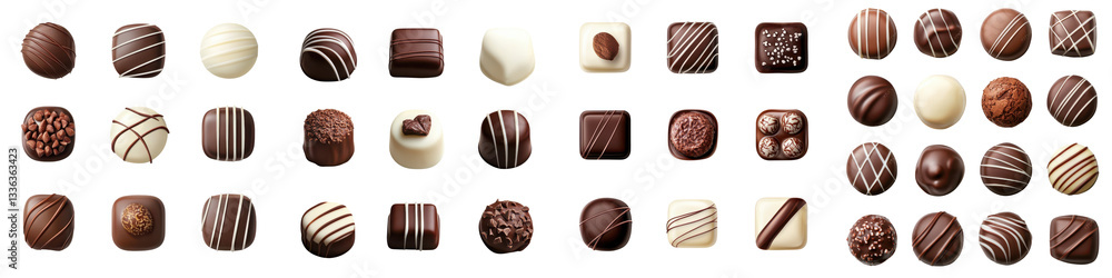An elegant and indulgent assortment of premium handcrafted chocolate candies in a variety of shapes flavors and decorative patterns An elegant and indulgent assortment of premium handcrafted chocolate candies in a variety of shapes flavors and decorative patterns