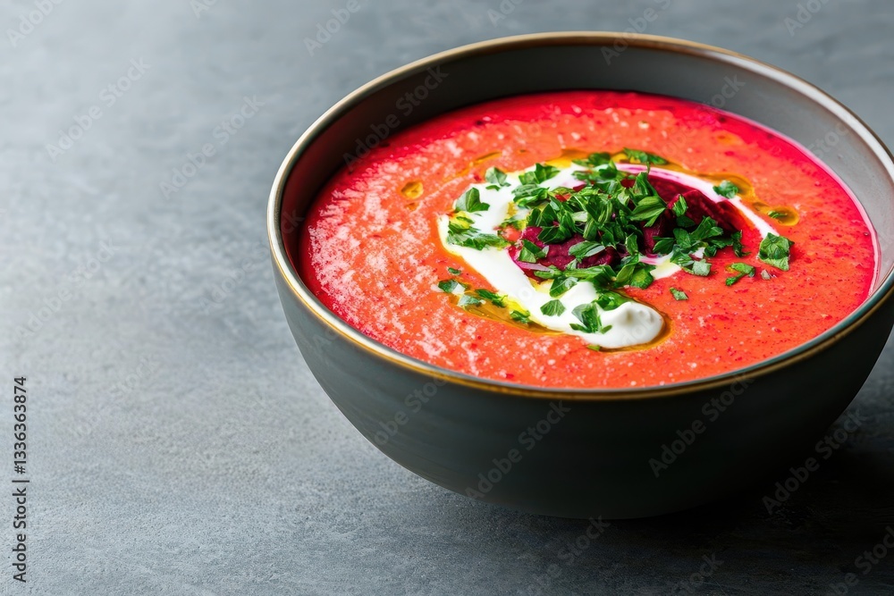A vibrant bowl of beetroot soup is elegantly presented with a swirl of sour cream and a sprinkle of fresh herbs This dish is served in a contemporary dining setting A vibrant bowl of beetroot soup is elegantly presented with a swirl of sour cream and a sprinkle of fresh herbs This dish is served in a contemporary dining setting