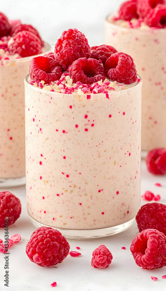 Creamy pink raspberry dessert in glasses, garnished with fresh raspberries and sprinkles Creamy pink raspberry dessert in glasses, garnished with fresh raspberries and sprinkles
