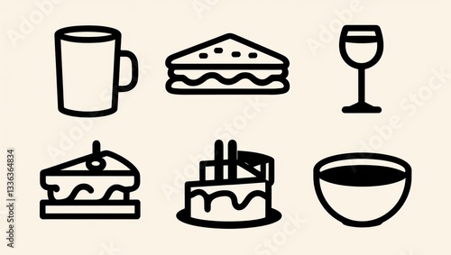 Delicious Food and Drink Icons Coffee Sandwich Cake Wine Glass Bowl